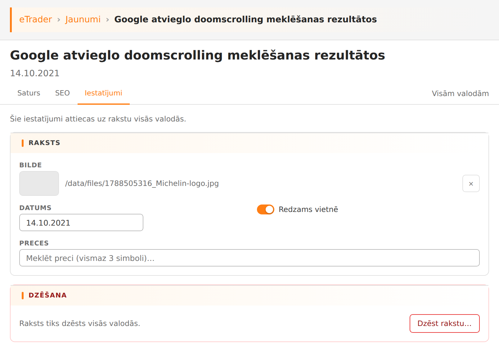 Raksta iestatījumi