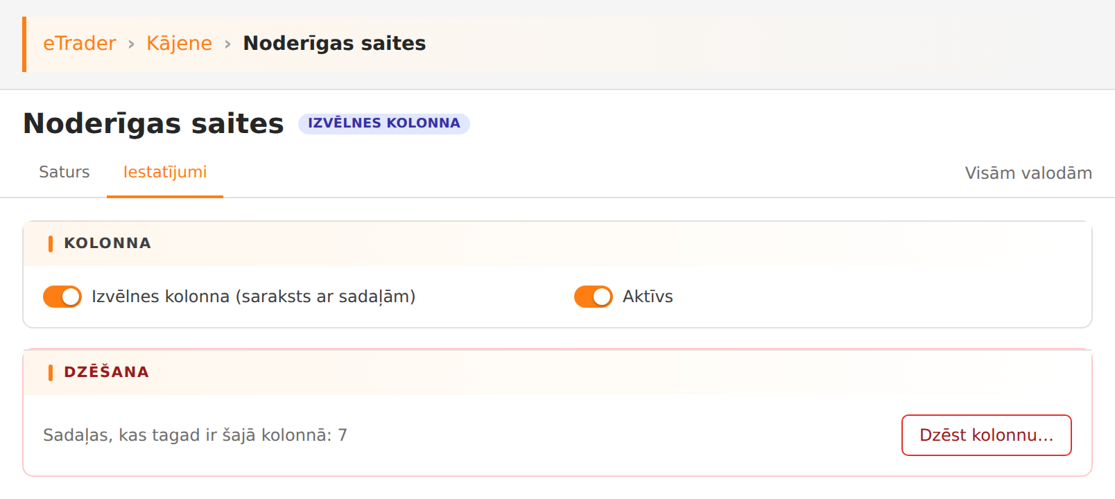 Kolonnas iestatījumi