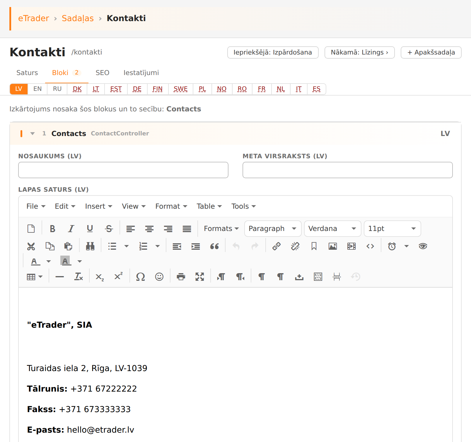 Kontaktu sadaļas bloki