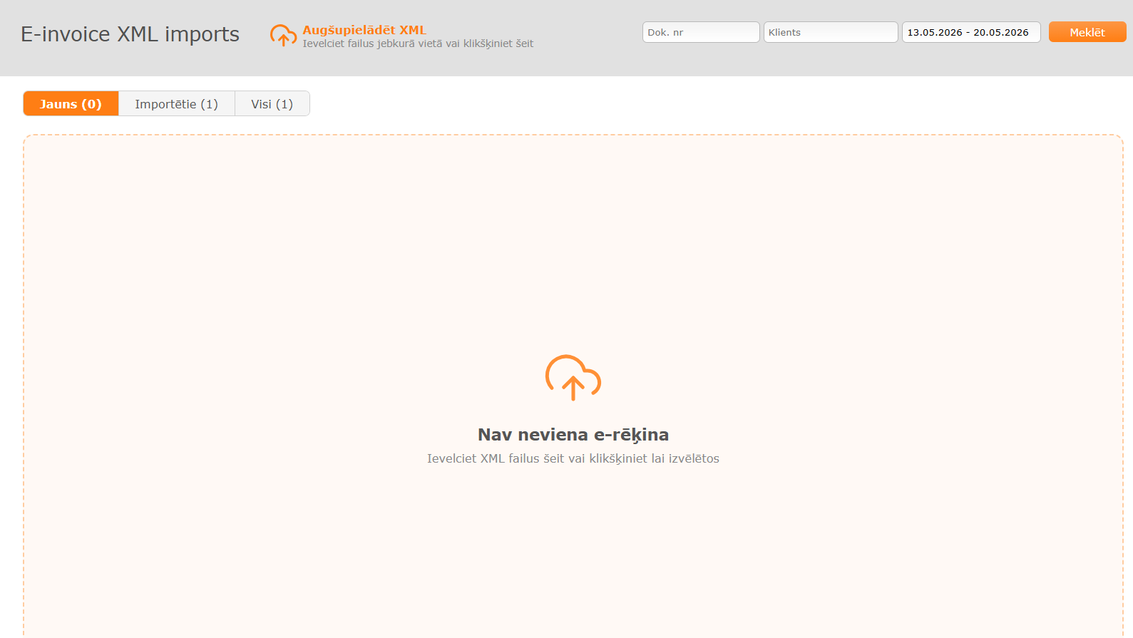 E-rēķinu importa sākuma skats