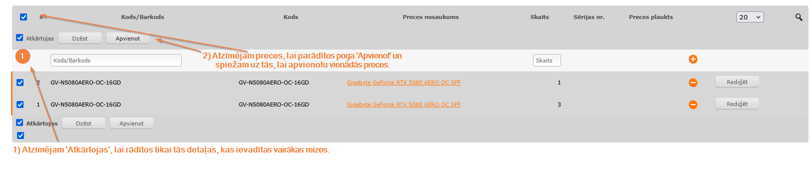 Inventarizācijas detaļu apvienošana